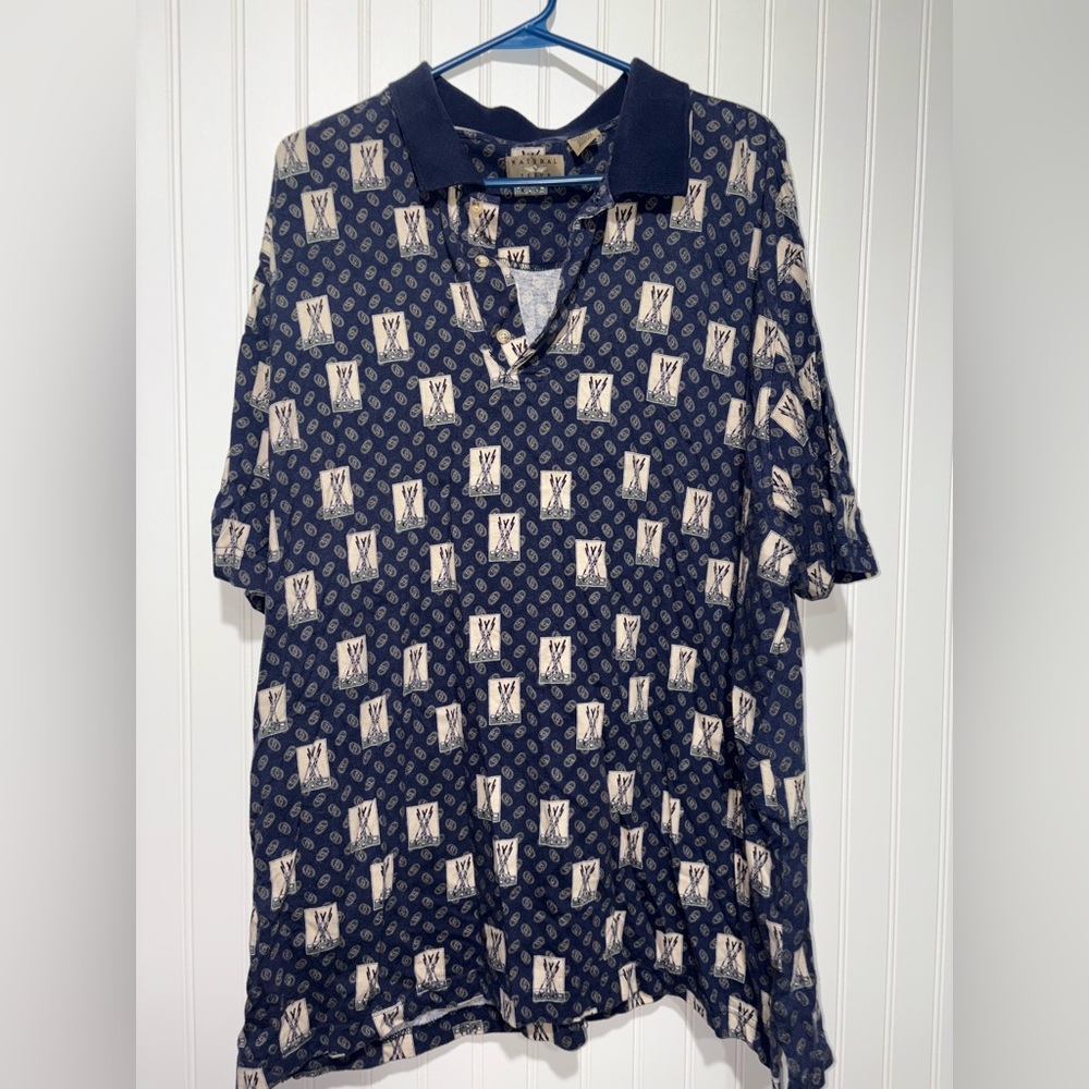 Vintage Natural Issue Navy Golf Patterned Polo Shirt| Size XXL